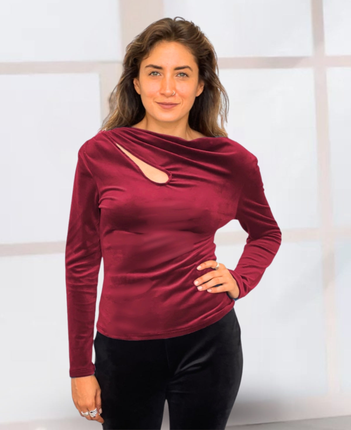 Bordeaux teardrop top from The Marshmallow Collection, designed with soft brushed chenille and a standout front cut, offering a sophisticated twist to women's fashion.