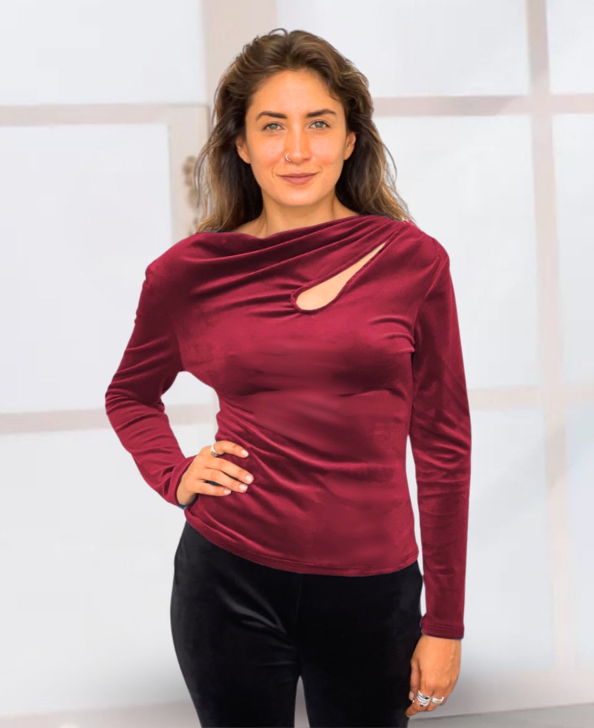 Bordeaux teardrop top from The Marshmallow Collection, designed with soft brushed chenille and a standout front cut, offering a sophisticated twist to women's fashion