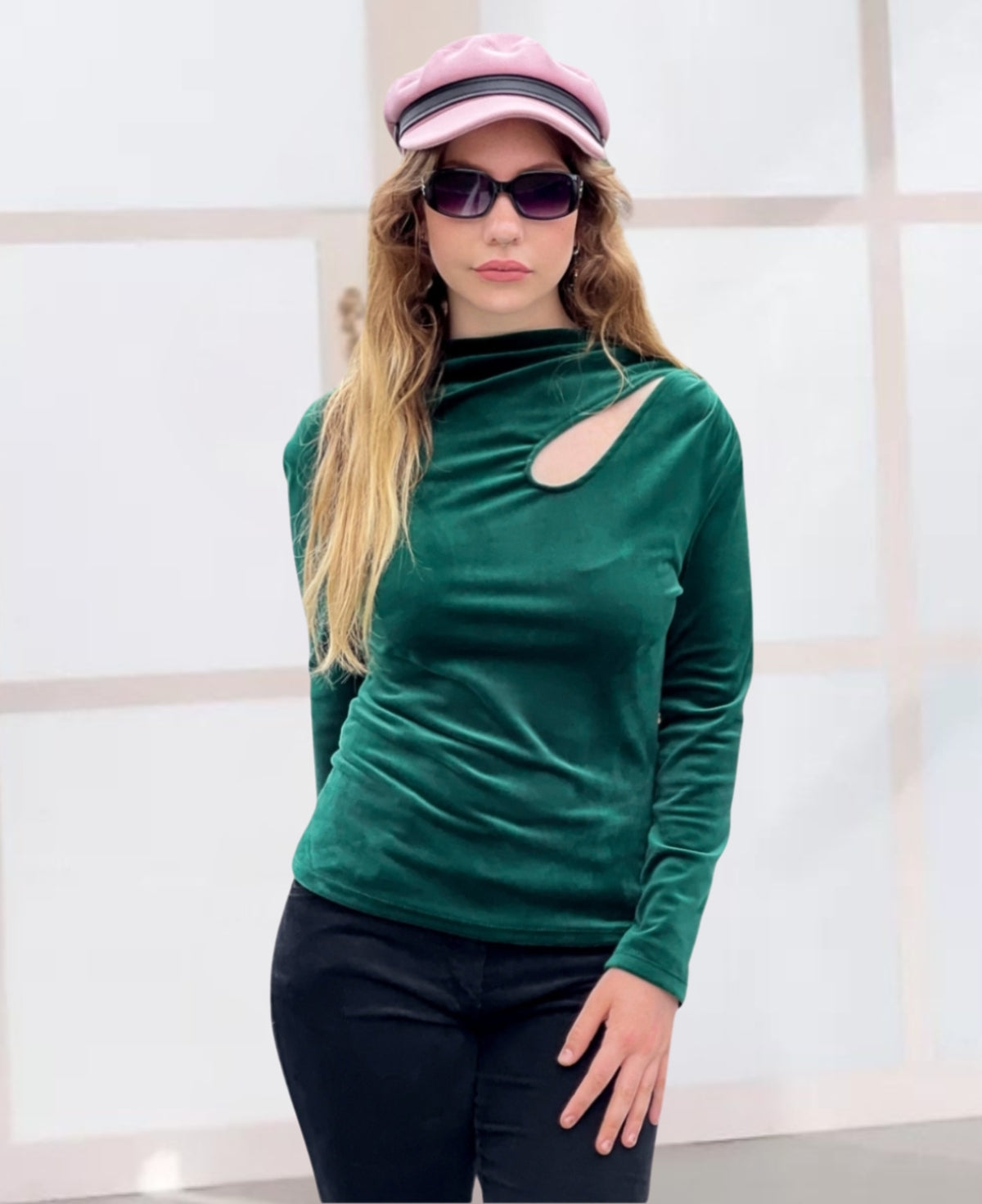 Forest deep green teardrop top made of luxurious brushed chenille with a unique front teardrop design, perfect for elevating any women's fashion ensemble.