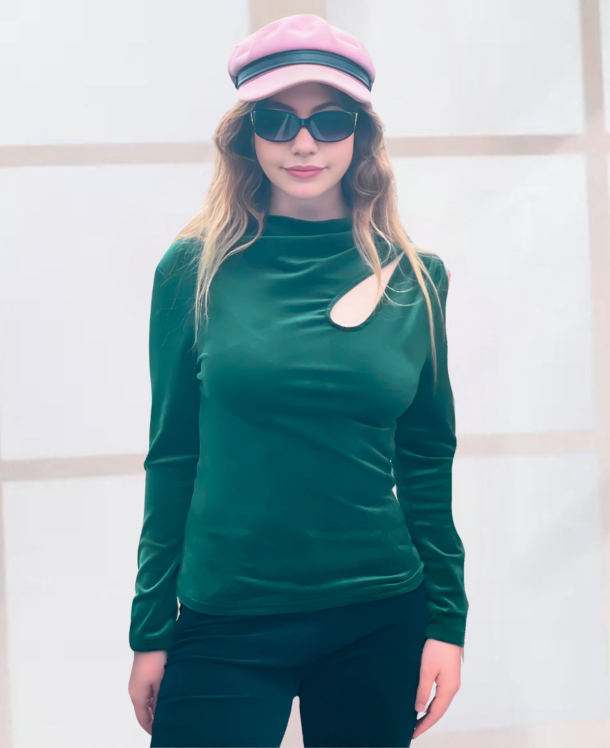 Forest deep green teardrop top made of luxurious brushed chenille with a unique front teardrop design, perfect for elevating any women's fashion ensemble.