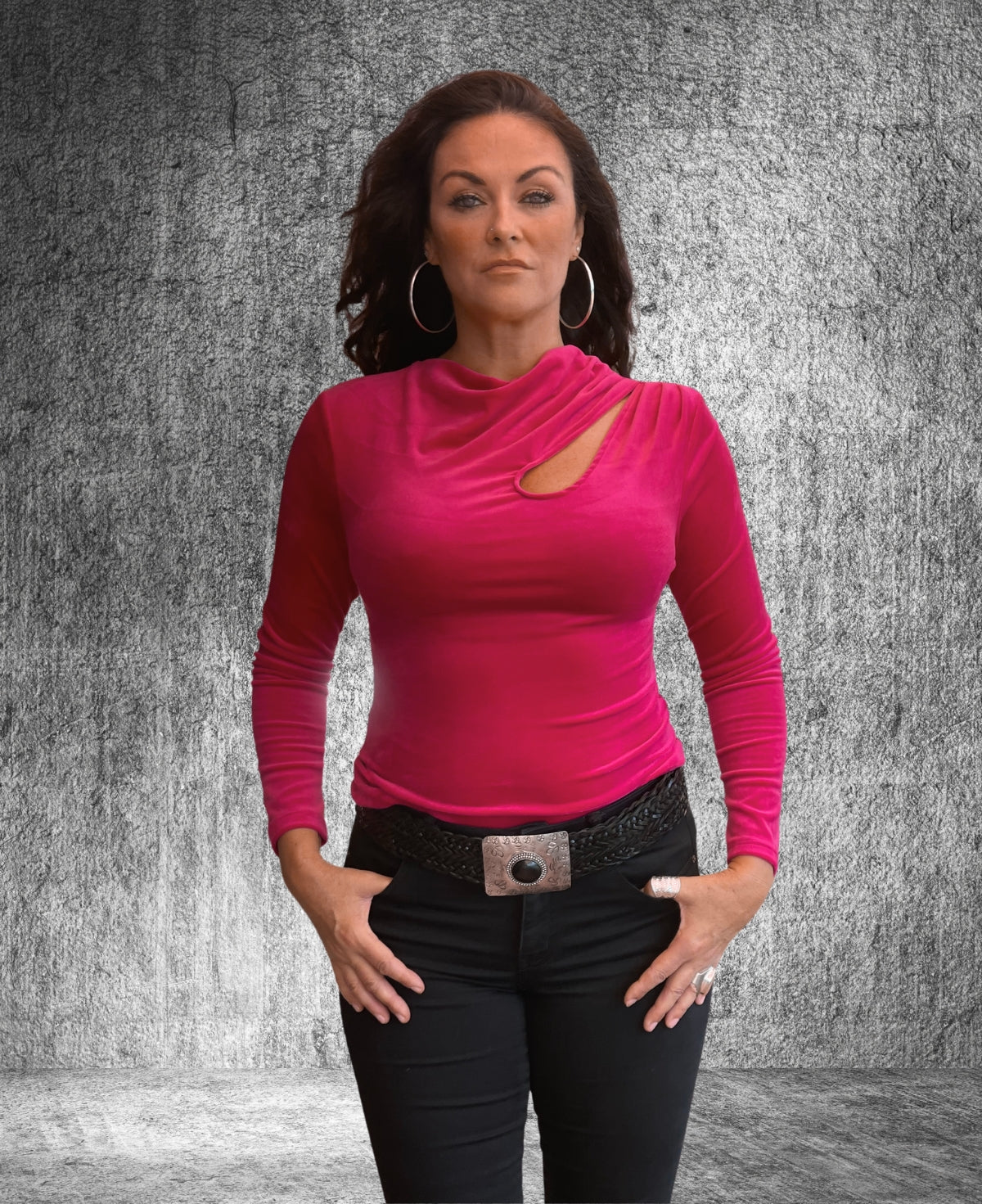 Hot pink teardrop top from The Marshmallow Collection, crafted in soft brushed chenille with a striking front cut for a bold, stylish look in women's fashion.