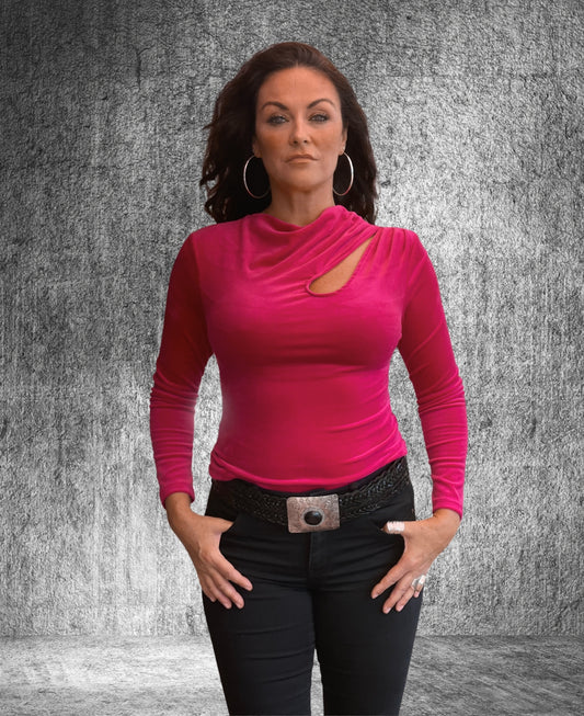Hot pink teardrop top from The Marshmallow Collection, crafted in soft brushed chenille with a striking front cut for a bold, stylish look in women's fashion.