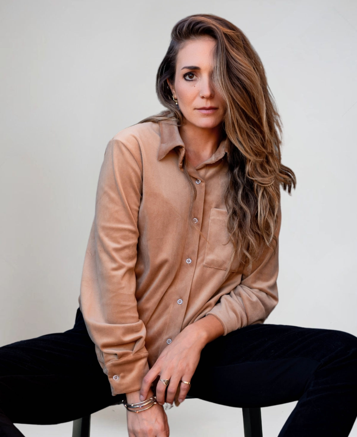 Camel Luxe Brushed Chenille Marshmallow Shirt in a rich caramel hue, crafted from ultra-soft brushed chenille with a tailored collared neckline and buttoned cuffs for a chic, refined look