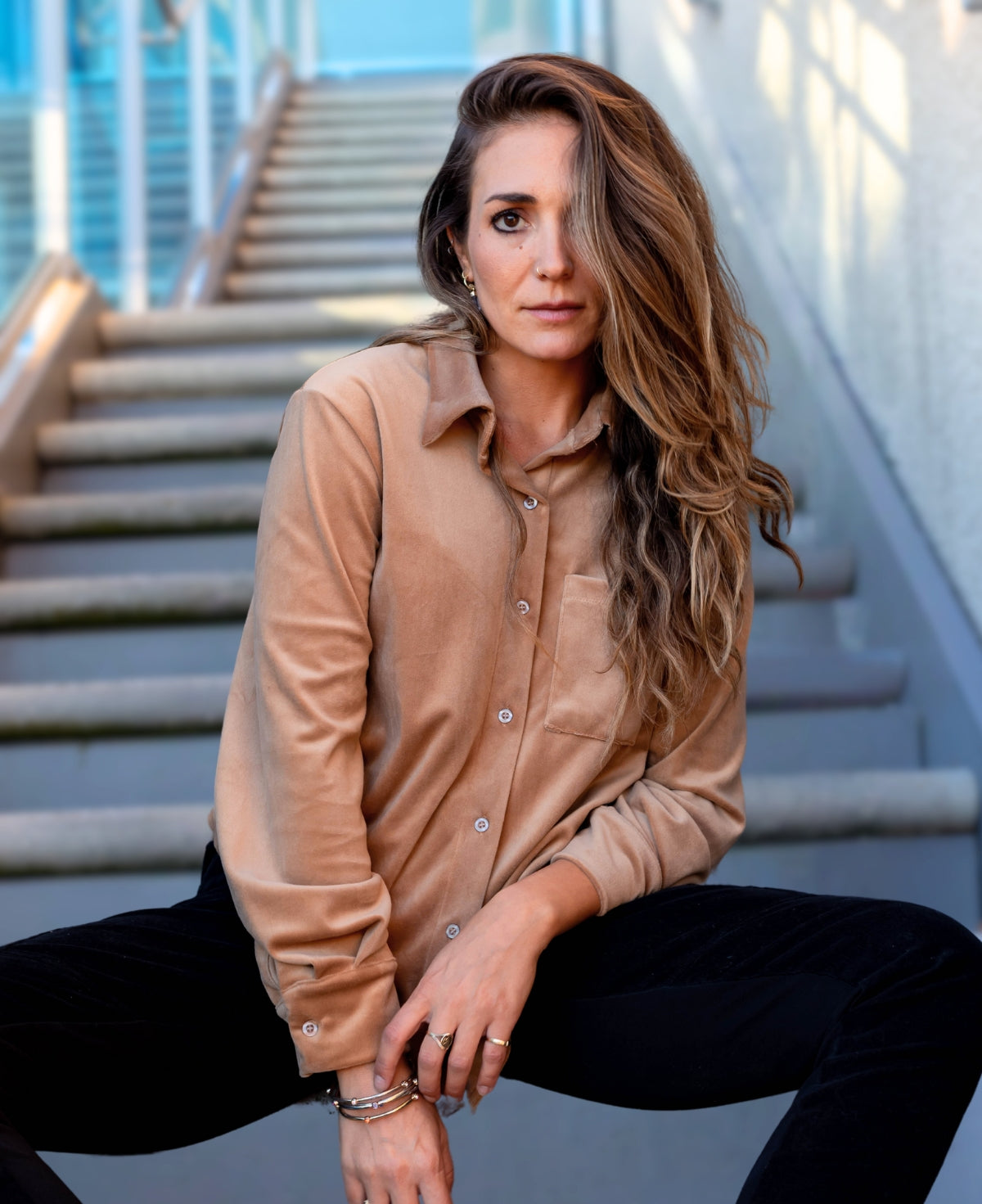 Camel Luxe Brushed Chenille Marshmallow Shirt in a rich caramel hue, crafted from ultra-soft brushed chenille with a tailored collared neckline and buttoned cuffs for a chic, refined look