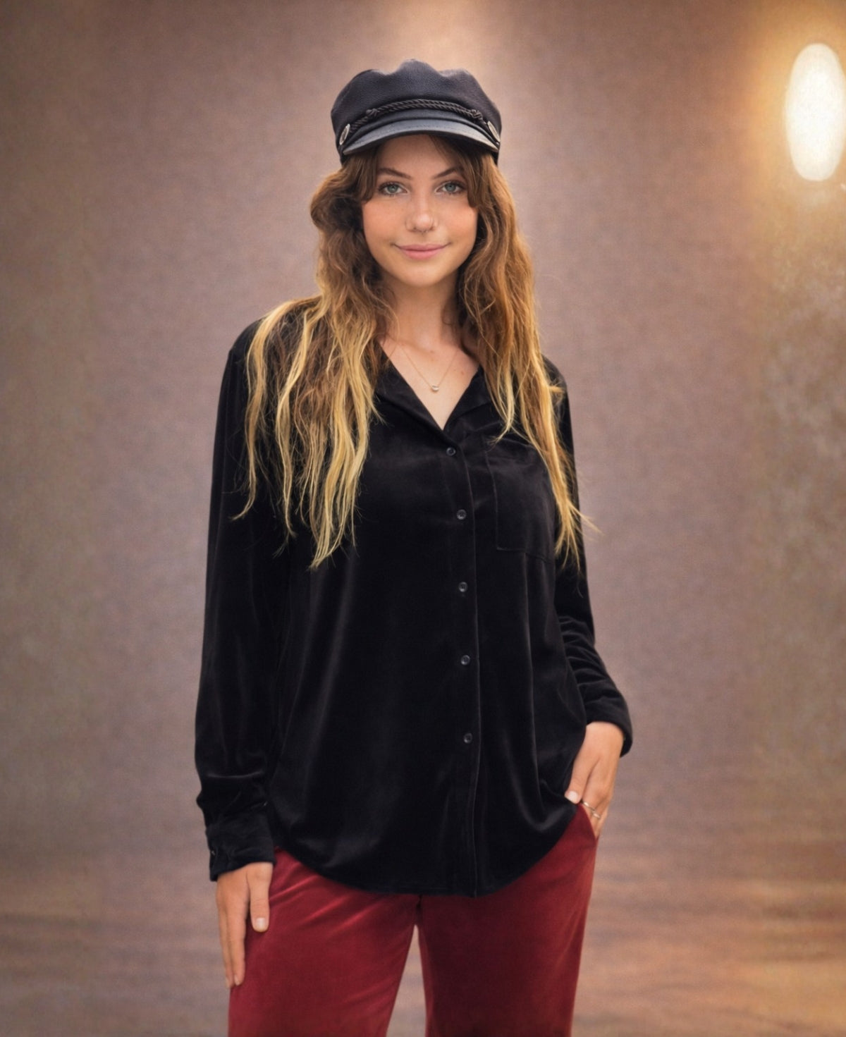 Black Luxe Velour Marshmallow Shirt in ultra-soft brushed chenille, showcasing a tailored collared neckline and buttoned cuffs, ideal for transitioning between refined and relaxed styles.