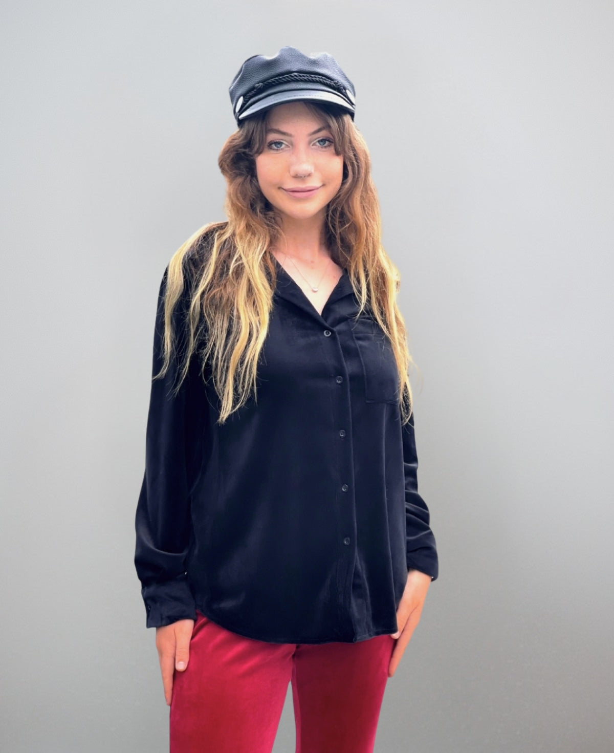 Black Luxe Brushed Chenille Marshmallow Shirt in ultra-soft brushed chenille, showcasing a tailored collared neckline and buttoned cuffs, ideal for transitioning between refined and relaxed styles.