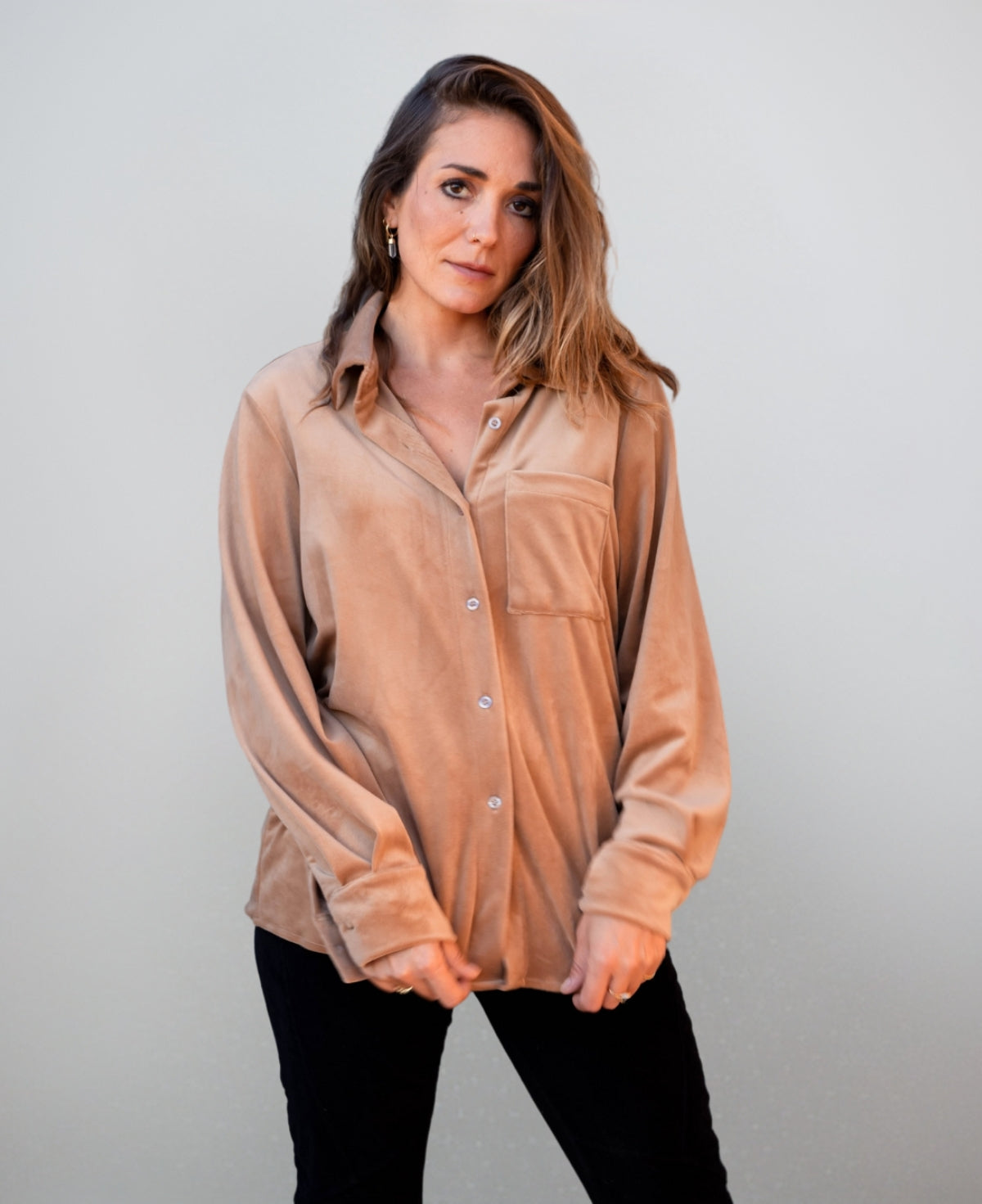 Camel Luxe Brushed Chenille Marshmallow Shirt in a rich caramel hue, crafted from ultra-soft brushed chenille with a tailored collared neckline and buttoned cuffs for a chic, refined look