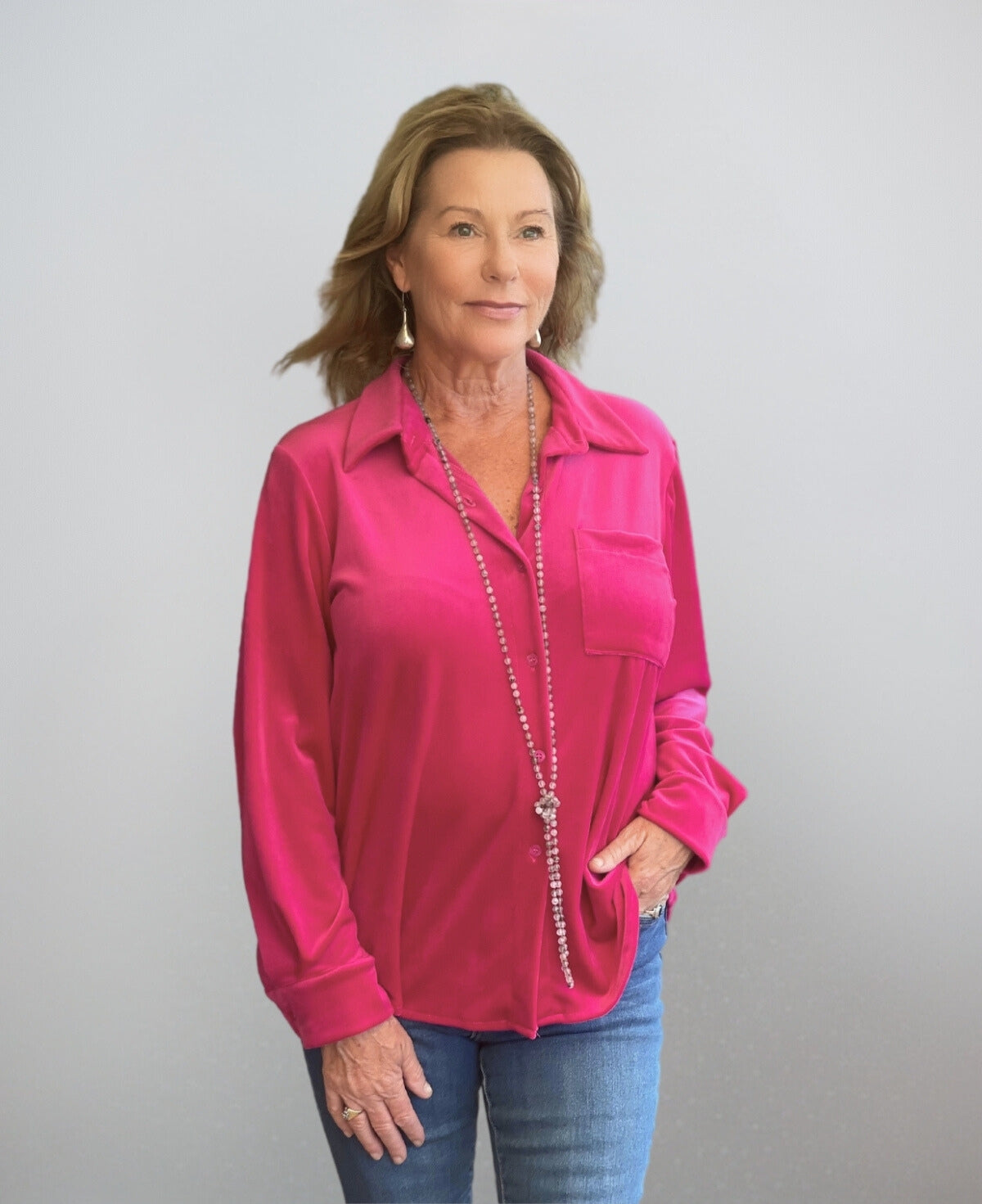 Hot pink Luxe Brushed Chenille Marshmallow Shirt featuring ultra-soft brushed chenille, a tailored collared neckline, and long sleeves with buttoned cuffs, perfect for a stylish yet cozy winter ensemble.