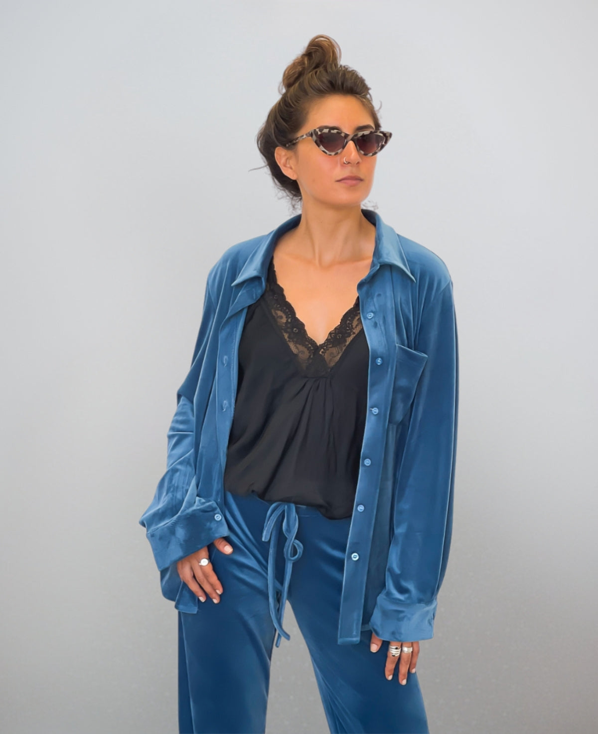 Blue teal Luxe Brushed Chenille Marshmallow Shirt made from soft brushed chenille with a tailored collared neckline and buttoned cuffs, offering a modern, chic winter outfit