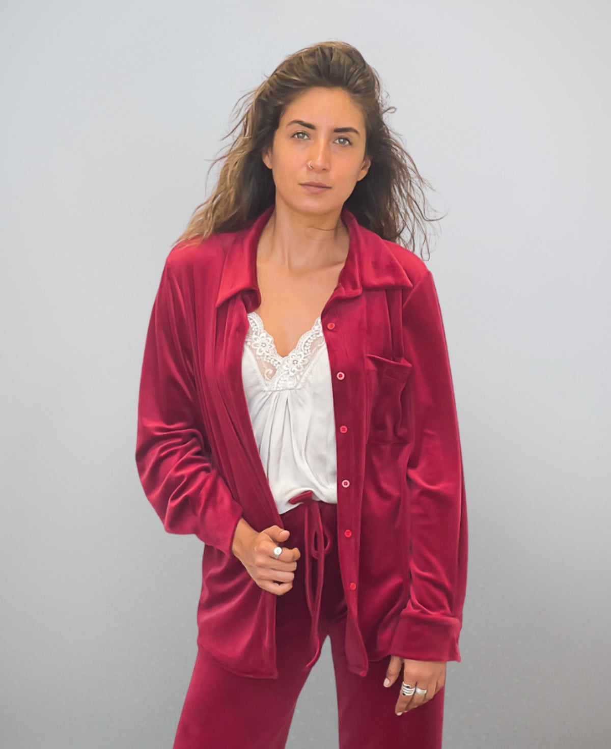Bordeaux Luxe Brushed Chenille Marshmallow Shirt crafted from ultra-soft brushed chenille, featuring a tailored collared neckline and buttoned cuffs for a polished and versatile look.