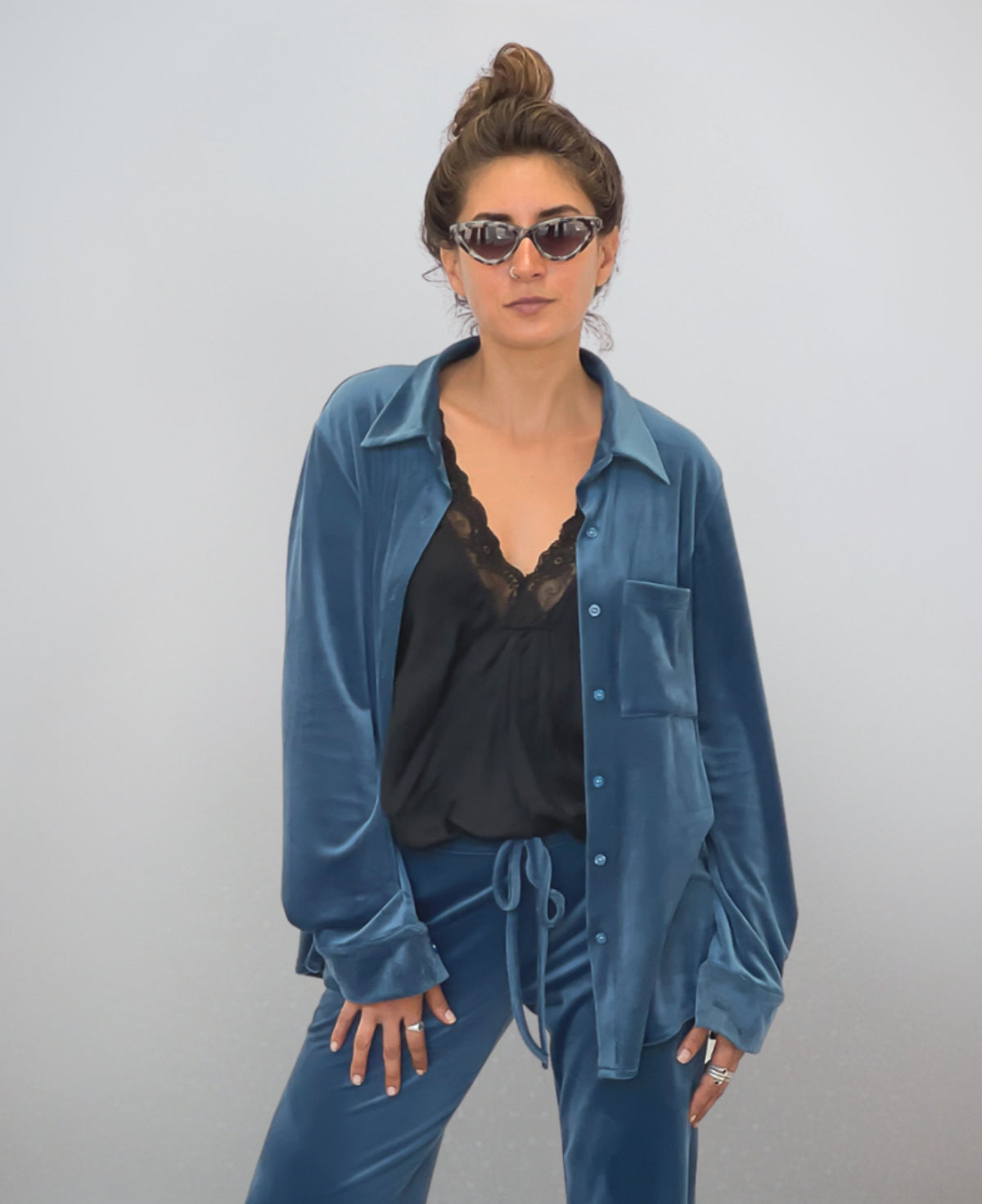 Blue teal Luxe Brushed Chenille Marshmallow Shirt made from soft brushed chenille with a tailored collared neckline and buttoned cuffs, offering a modern, chic winter outfit