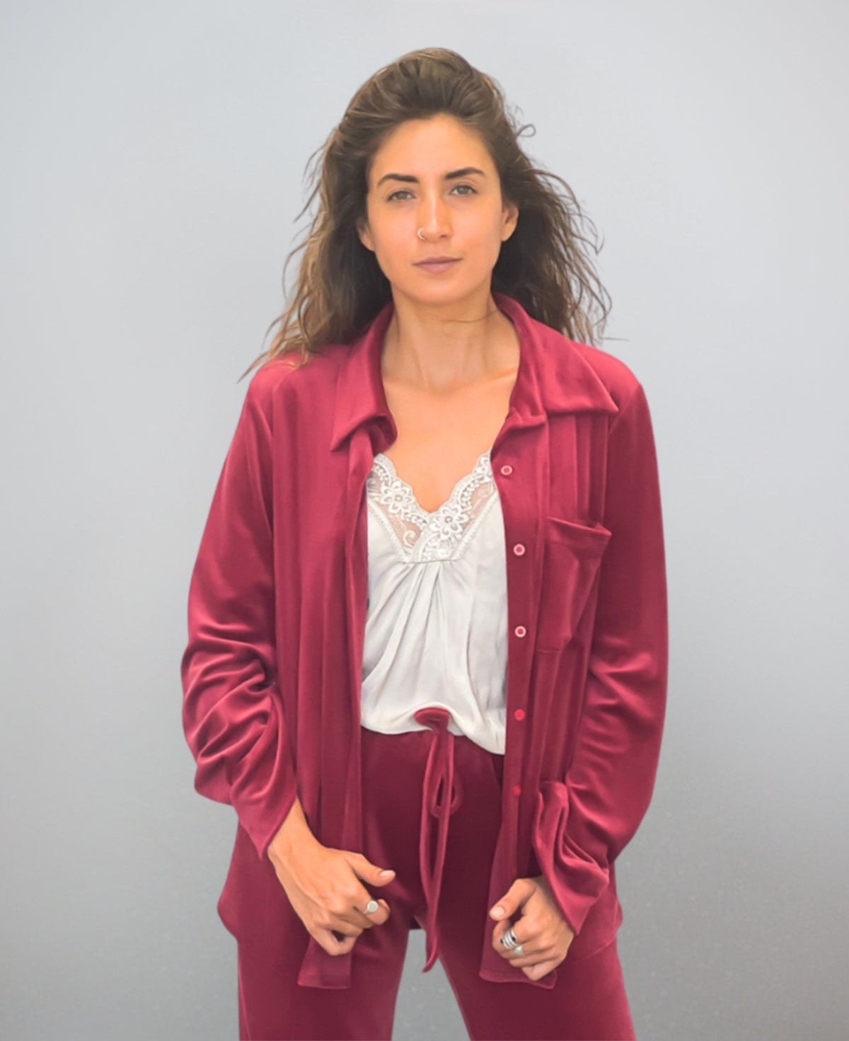 Bordeaux Luxe Brushed Chenille Marshmallow Shirt crafted from ultra-soft brushed chenille, featuring a tailored collared neckline and buttoned cuffs for a polished and versatile look.