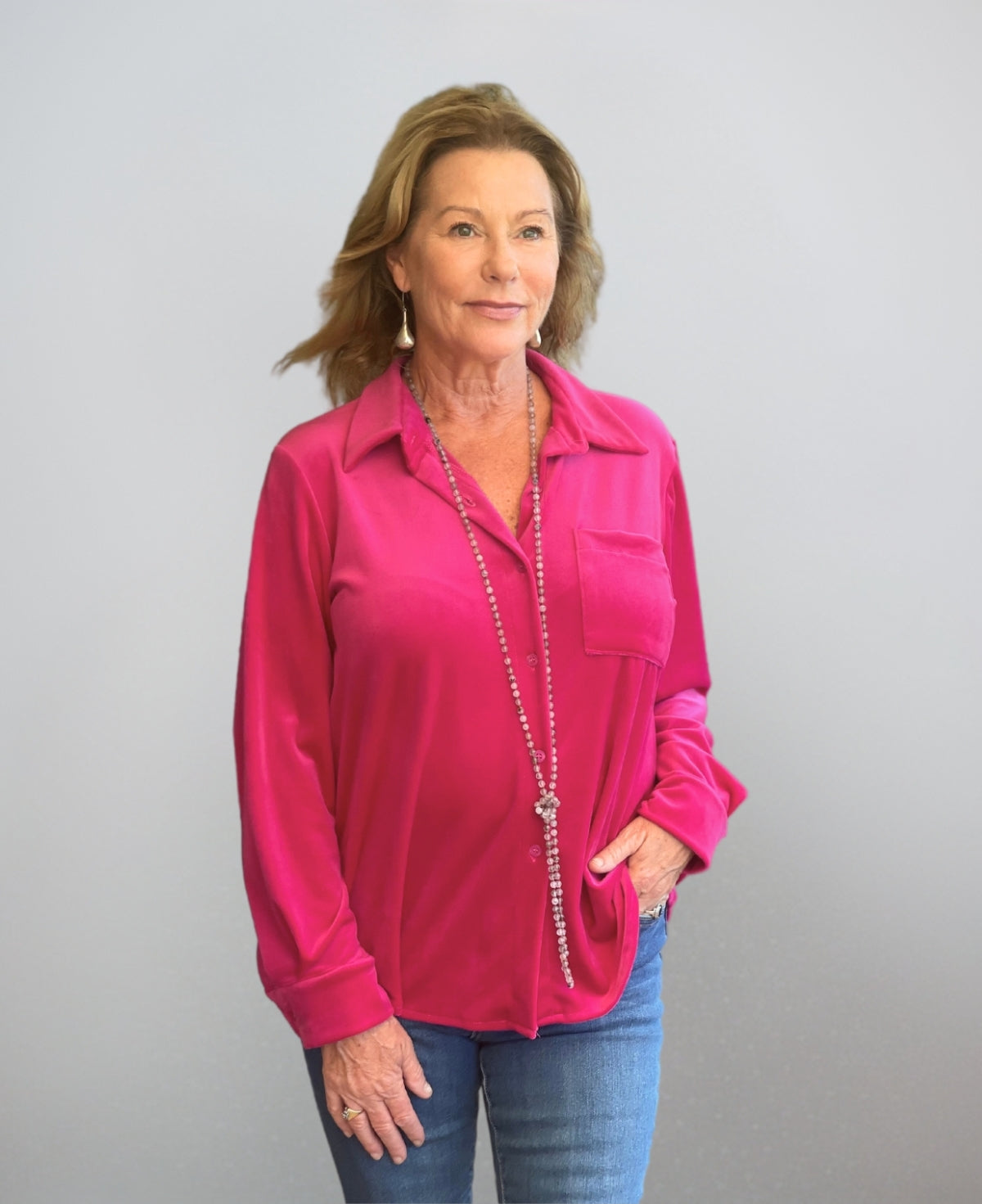 Hot pink Luxe Brushed Chenille Marshmallow Shirt featuring ultra-soft brushed chenille, a tailored collared neckline, and long sleeves with buttoned cuffs, perfect for a stylish yet cozy winter ensemble.