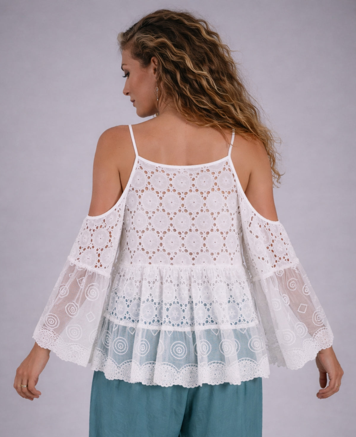 Back view of a white cotton lace blouse with intricate circular lace pattern, cold shoulder sleeves and relaxed fit, shown on a model against a soft grey studio backdrop