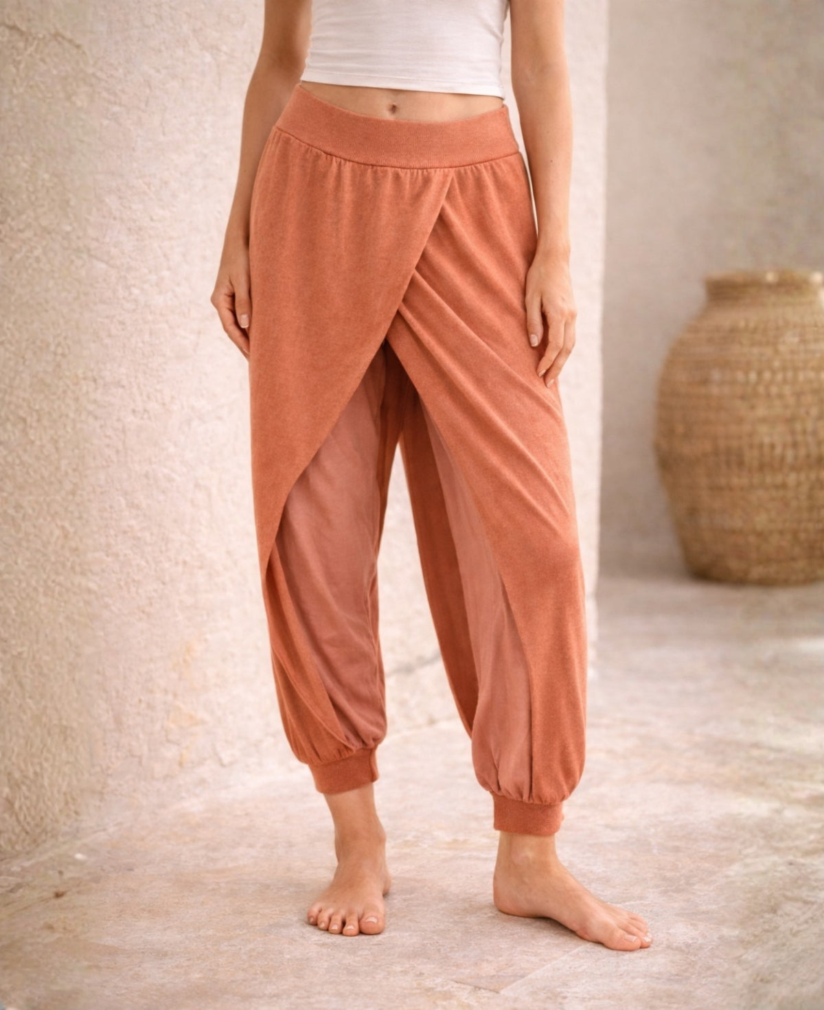 copper aladina knit harem pants with visible crossover front and lightweight inner lining in soft drape fabric