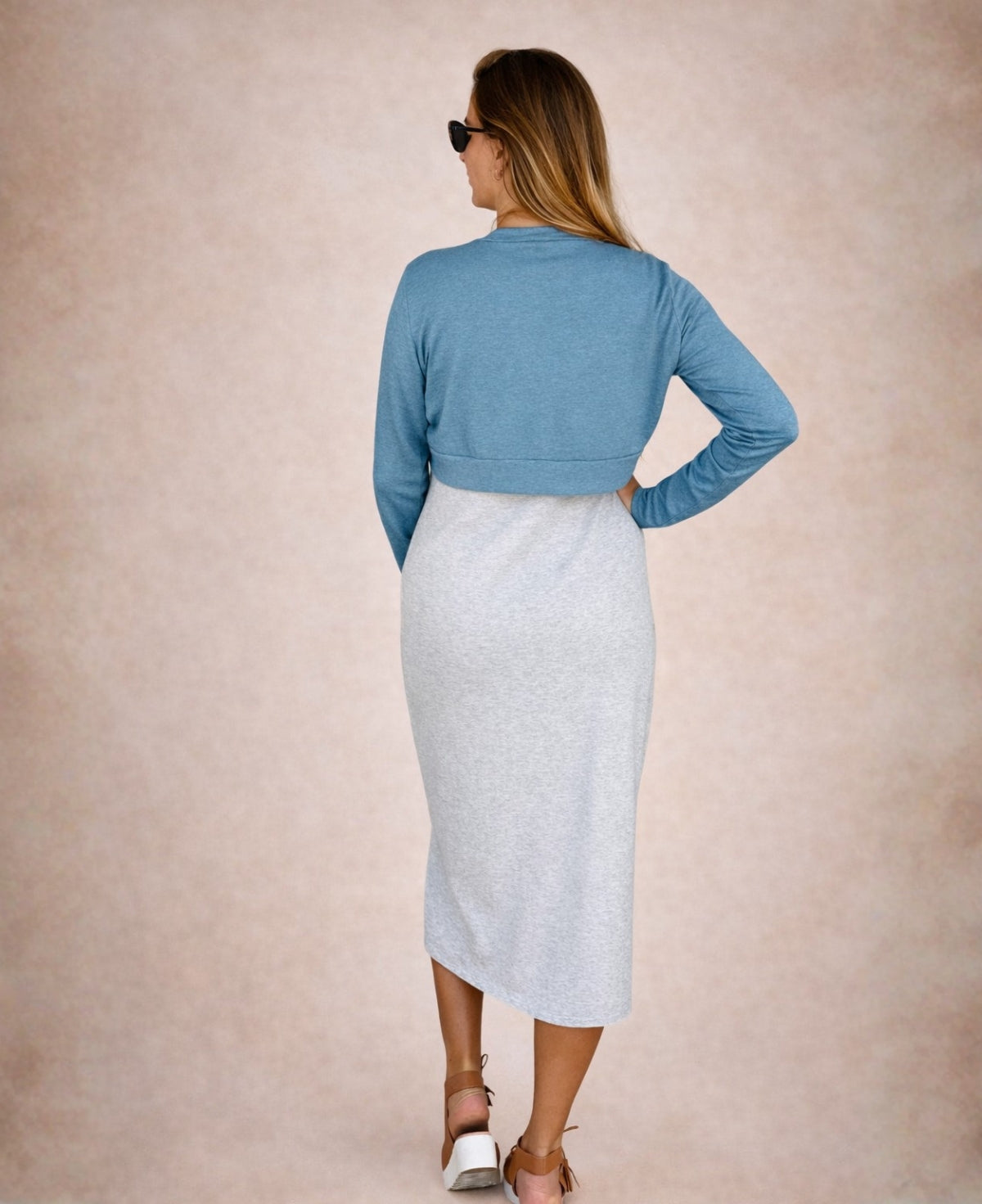 Blue teal Nell bolero back view showing cropped length and clean back seam detail