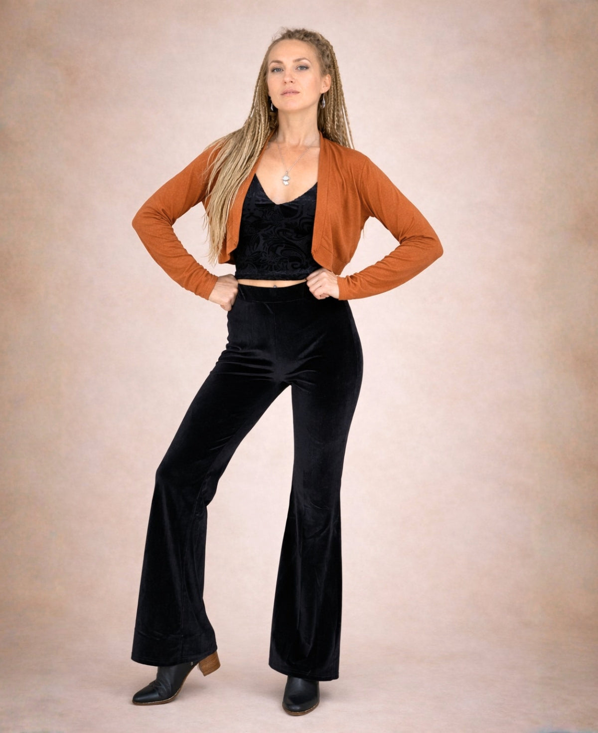 Rust Nell bolero styled with charcoal outfit full body look winter layering style