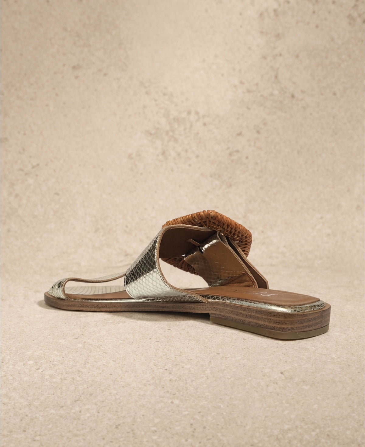 PIXY Gemma slide metallic sandal back angled view with low flat sole