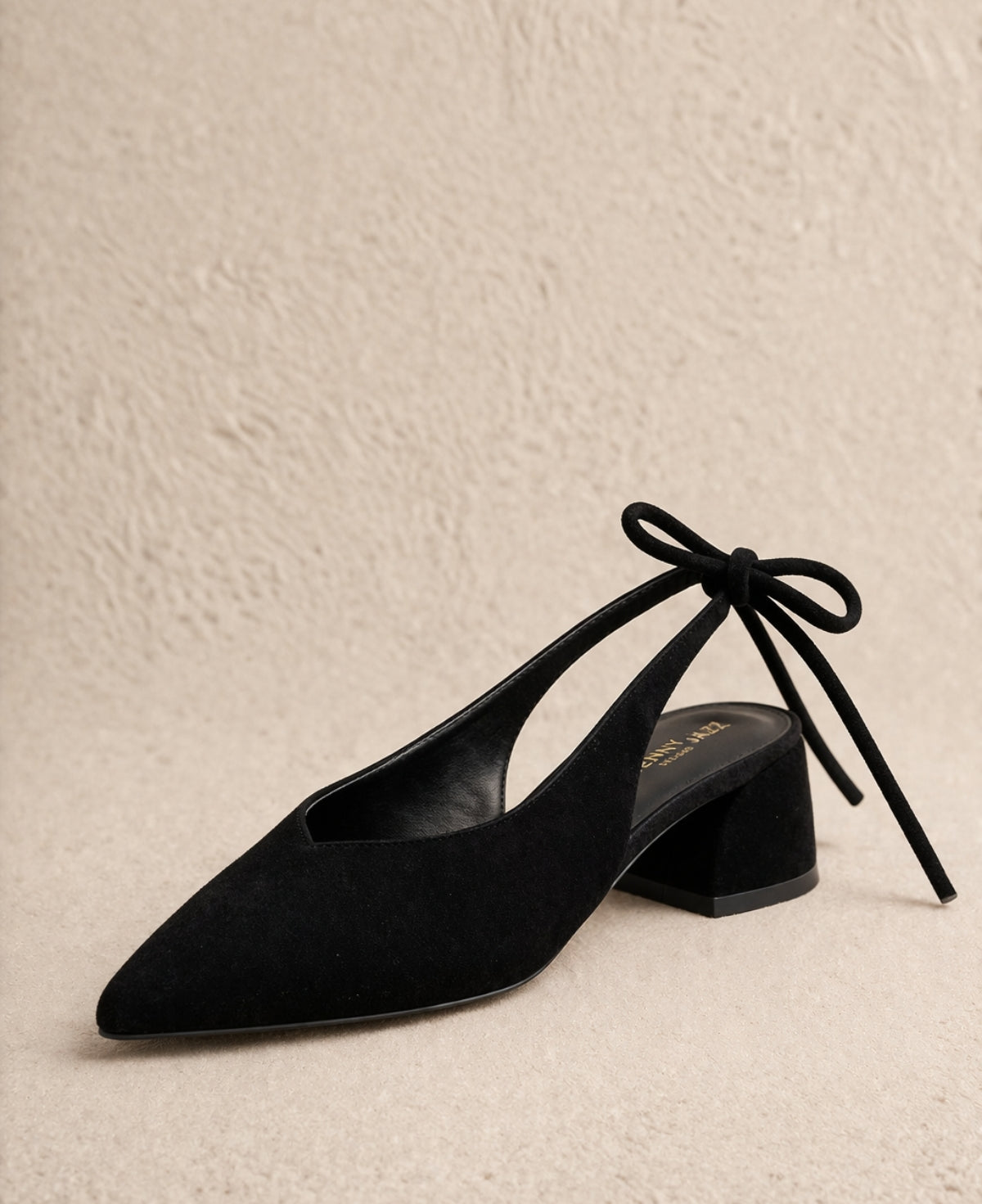 Pixy Princess suede heel black slingback front angled view pointed toe