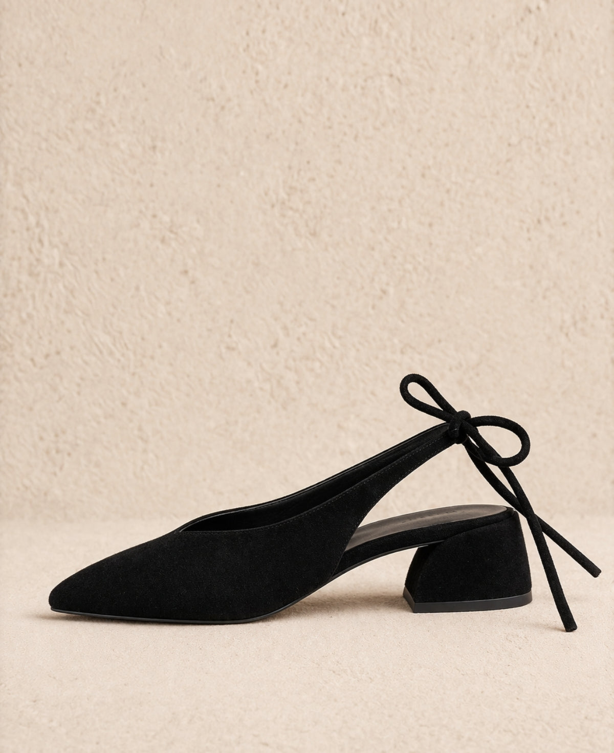 Pixy Princess suede heel black slingback side view block heel