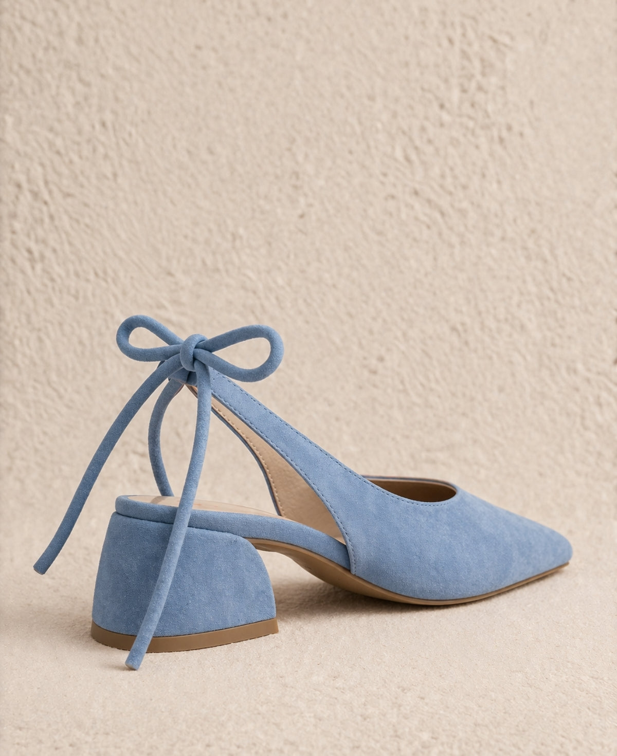 Pixy Princess suede heel blue slingback back angled view tie detail