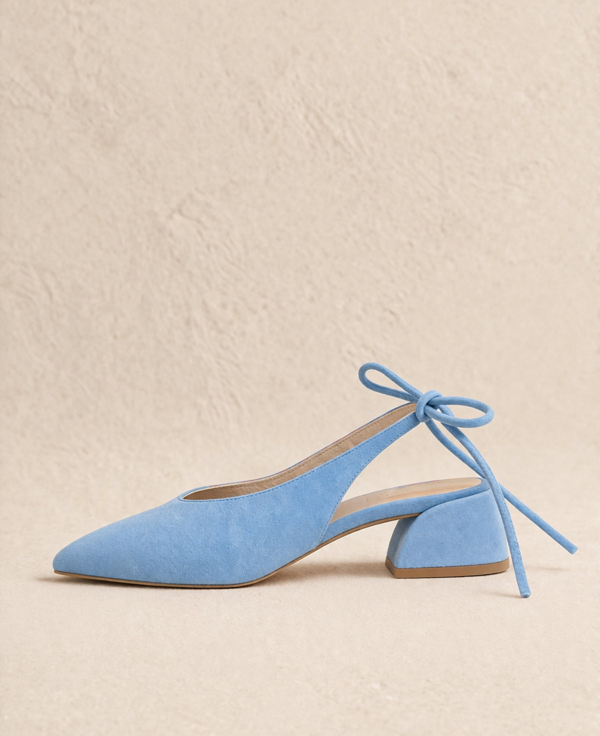 Pixy Princess suede heel blue slingback side view block heel