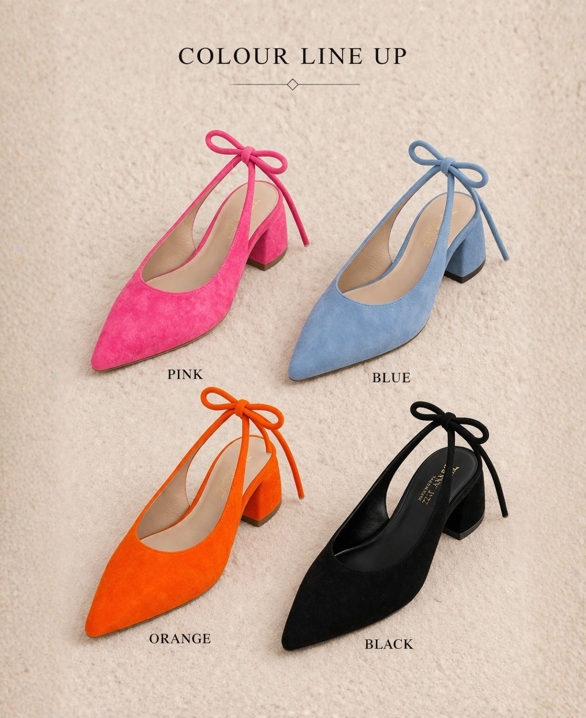 Pixy Princess suede heel slingback in pink blue orange and black colours