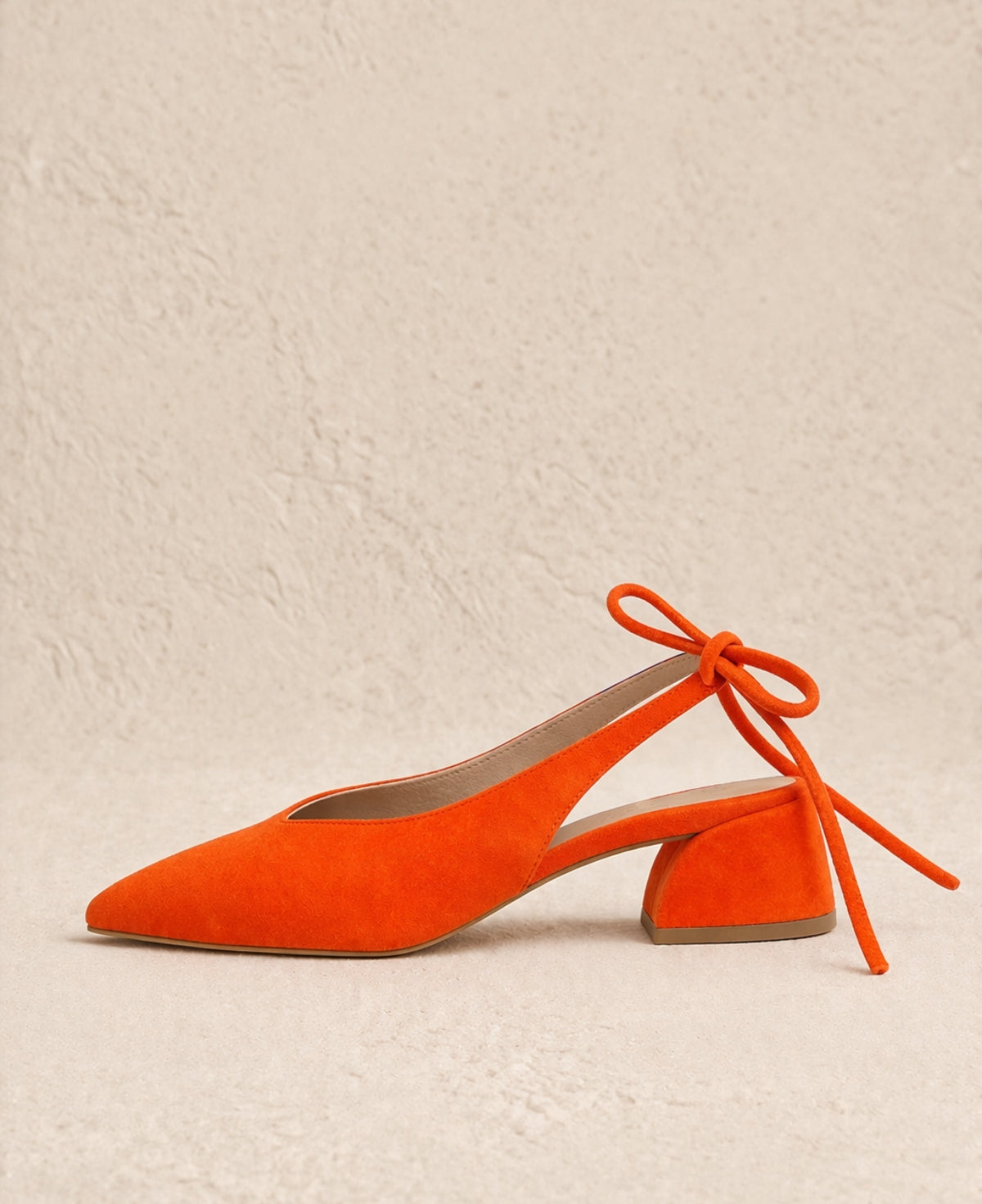 Pixy Princess suede heel orange slingback side view block heel