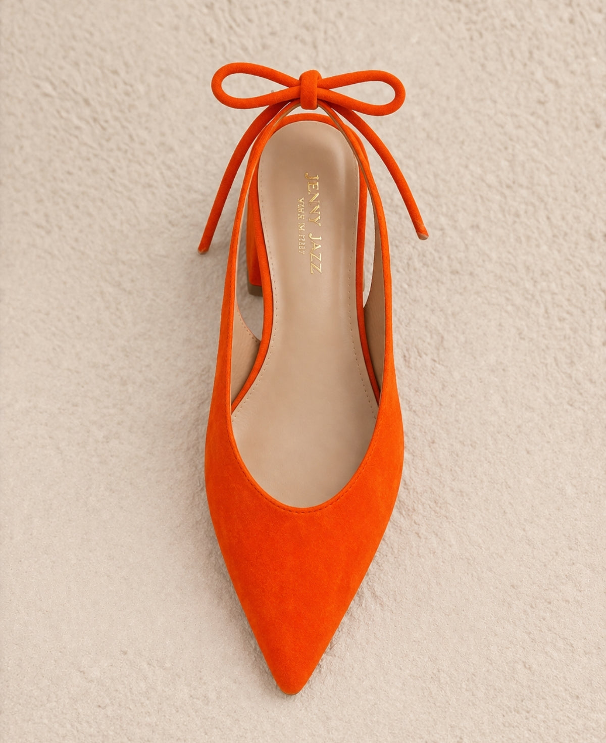 Pixy Princess suede heel orange slingback top view pointed toe suede