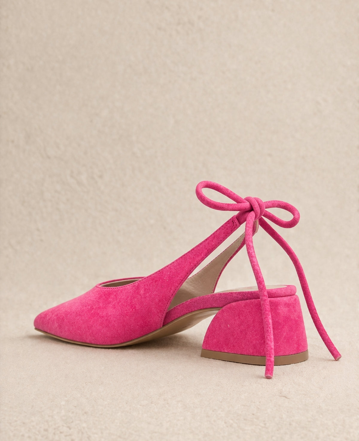 Pixy Princess suede heel pink slingback back angled view tie detail