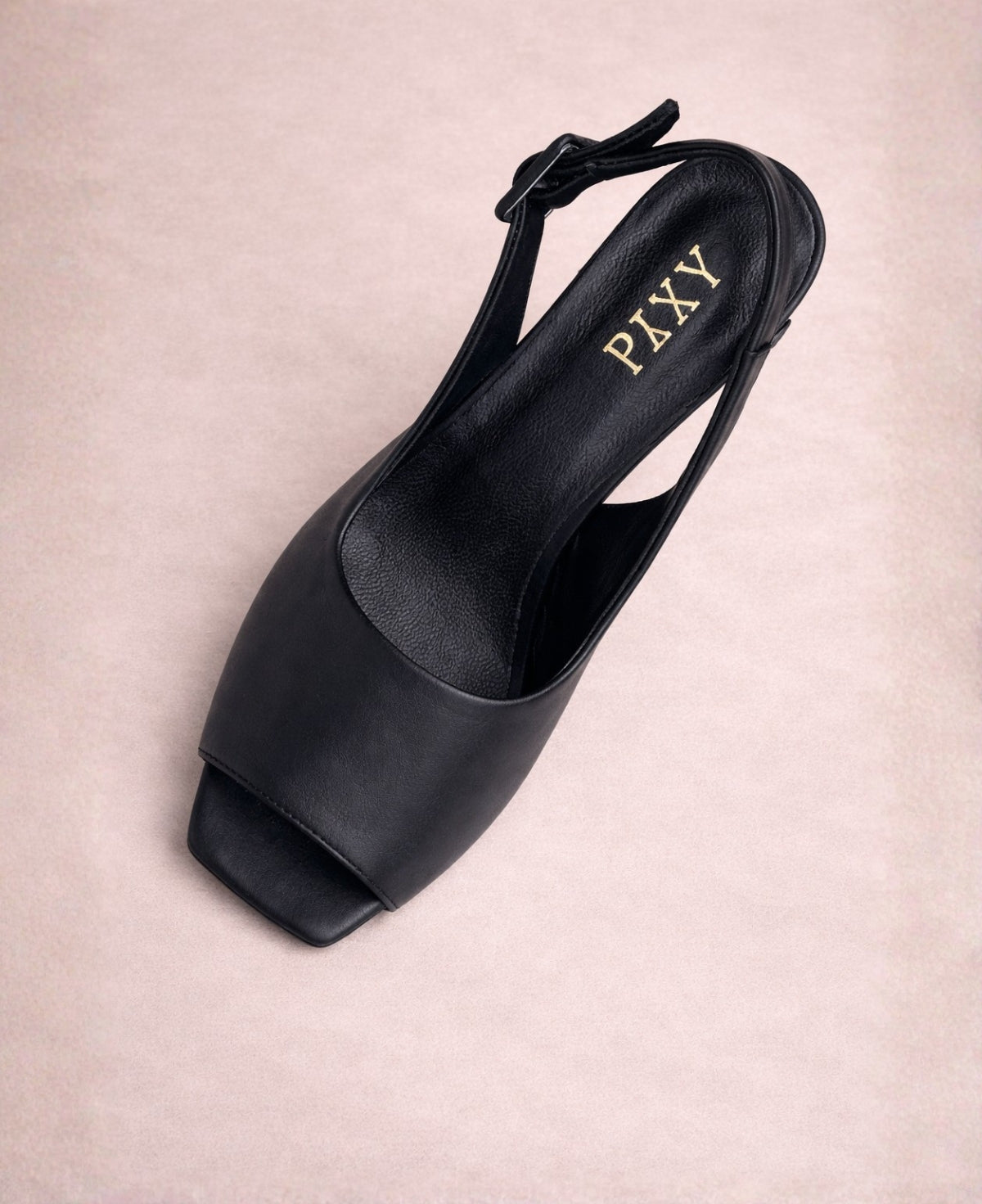 Black leather slingback heel viewed from above showing square toe and PIXY logo on the insole