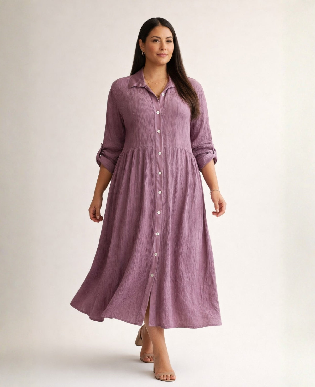 Curvy woman wearing Roxberry Curvy Fit shirt dress in Mulberry with satin collar and placket, raised waist seam and gathered skirt in heavy vertical crinkle fabric.