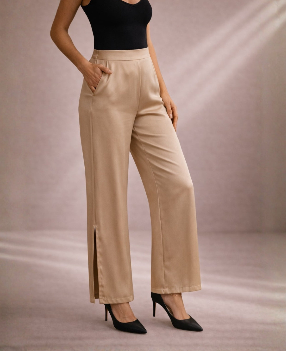 Camel - gold satin wide leg pants angled front detail showing smooth flat waistband and soft drape